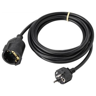 A black electrical extension cord with a European plug and a circular socket.
