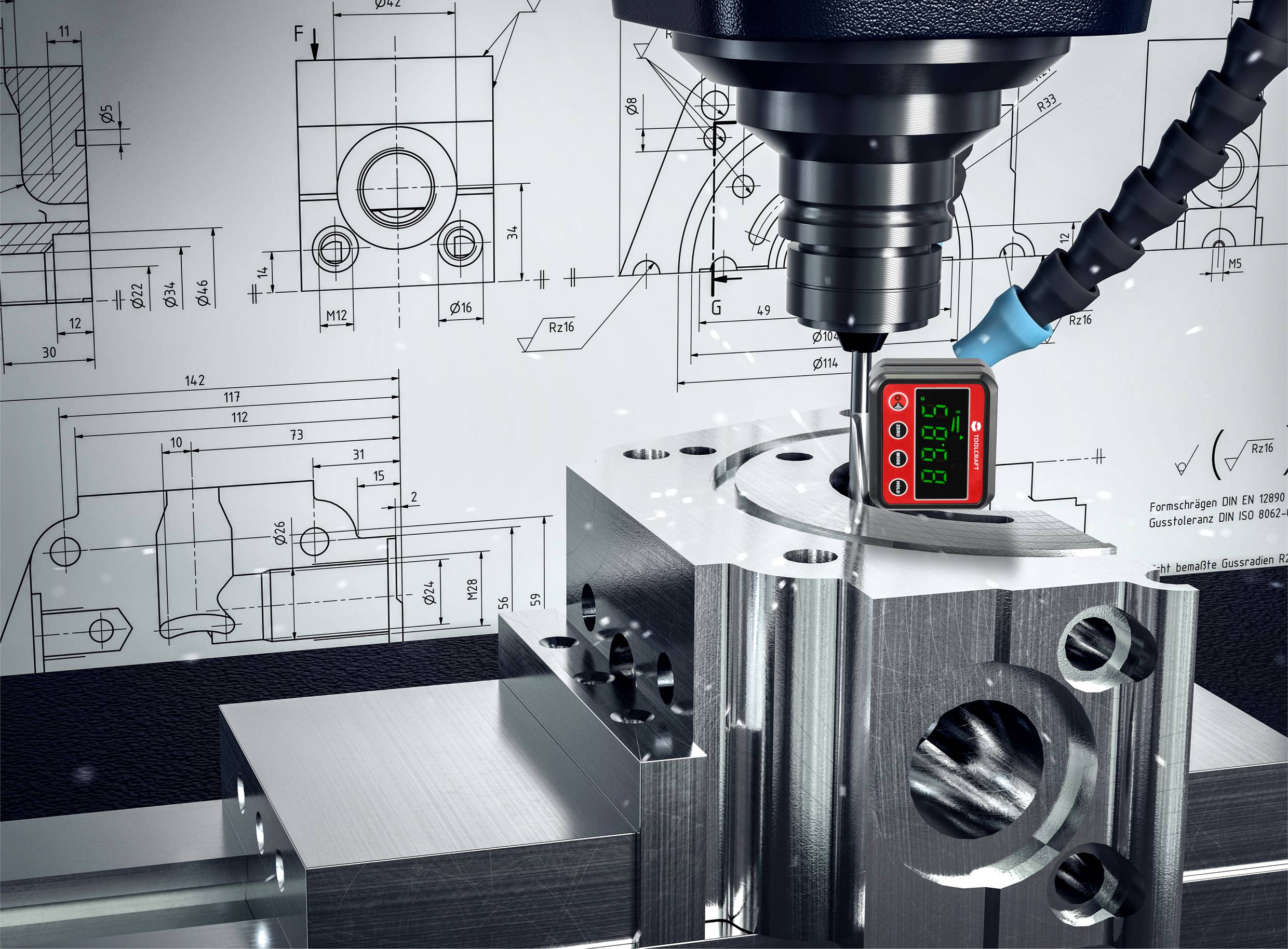 'Drill machining metal block', with technical drawing in the background. A display shows precision measurement values.