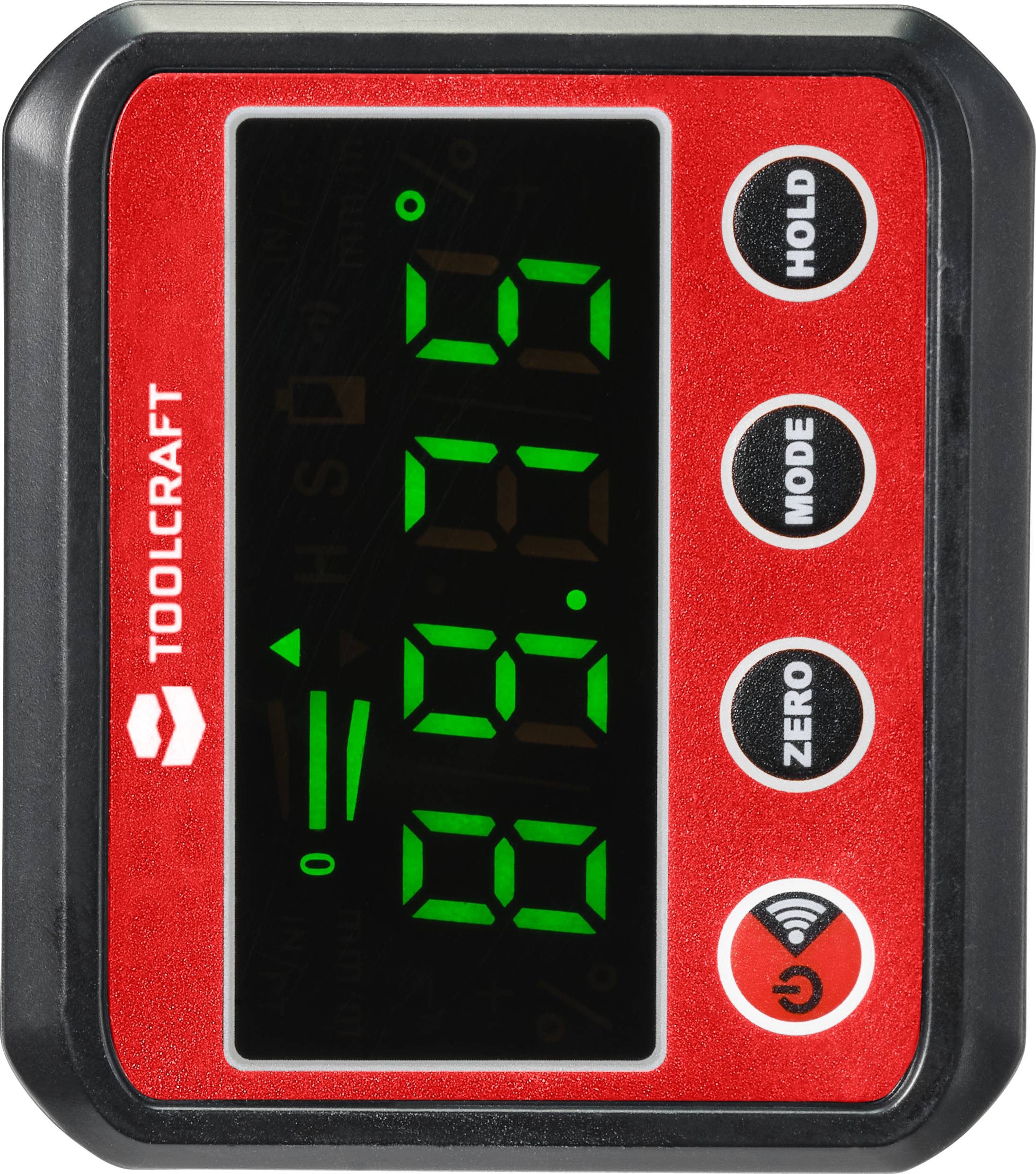 An electronic measuring device with a digital green display on a black background. Three buttons: 'HOLD', 'MODE', 'ZERO'. Brand name on the left.