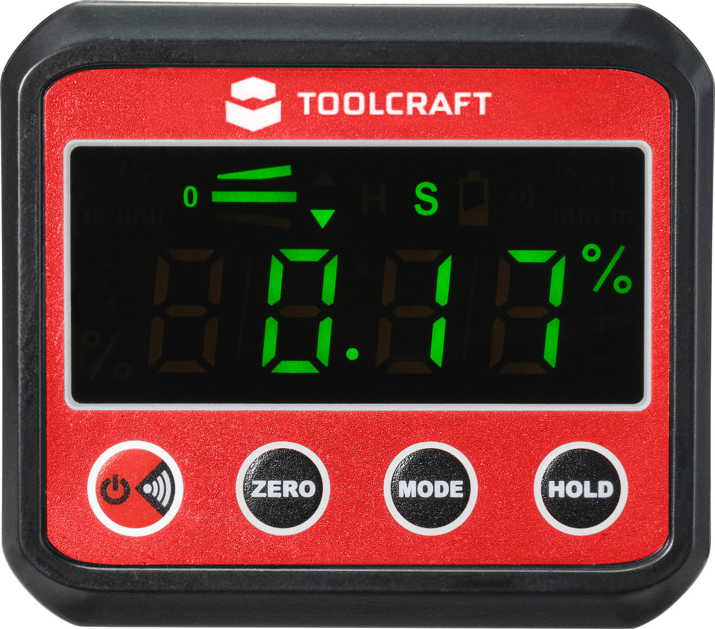 Electronic protractor, displays '0.0°', with buttons for zero setting, mode, and hold. Manufacturer name at the top.