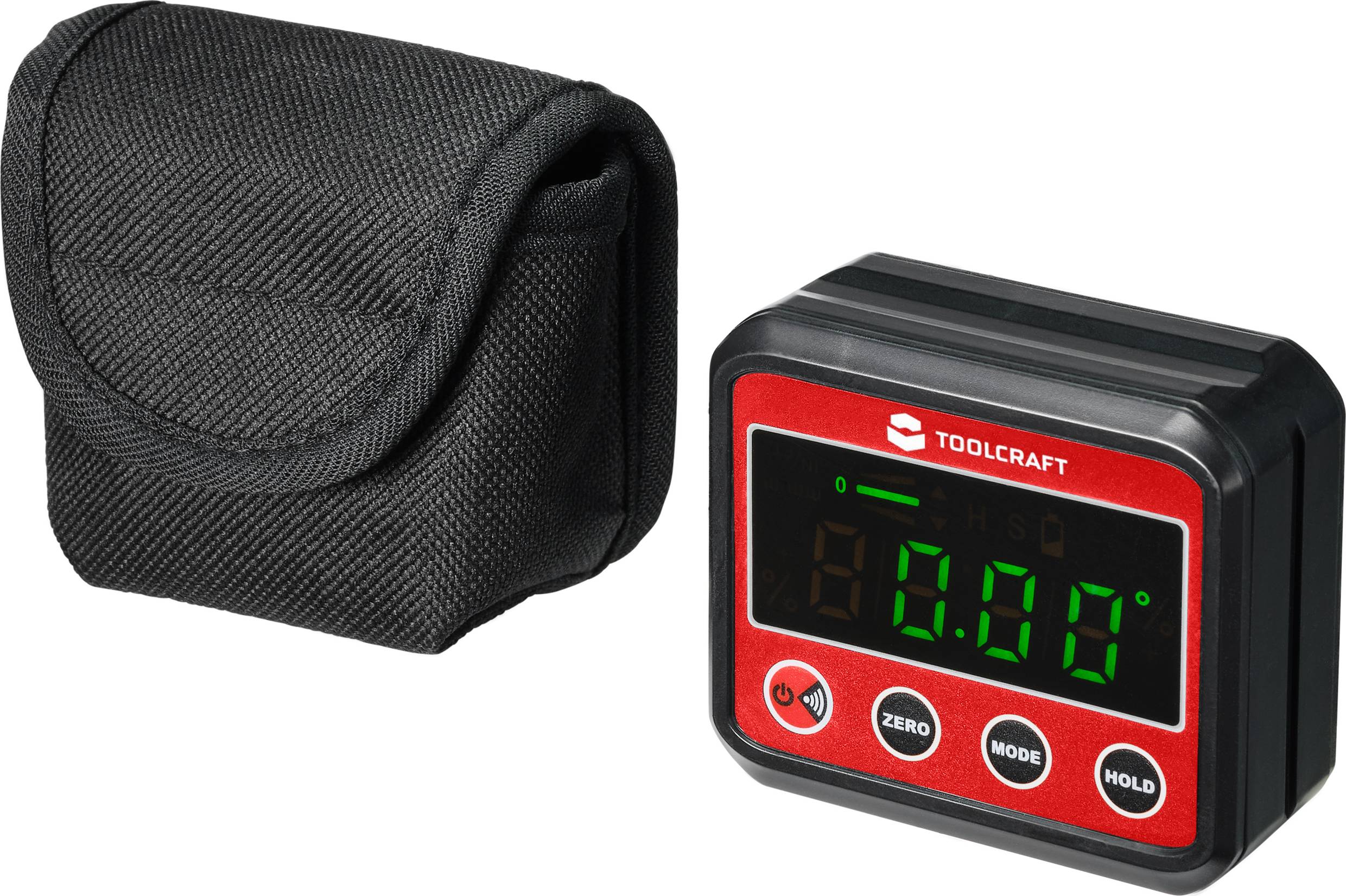 Digital inclinometer next to black case, displaying '0.00'. Brand name 'TOOLCRAFT', buttons for zero setting, mode and hold.