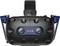 Black VR headset with a blue front panel and 'VIVE' inscription, two cameras at the front, headband visible on top.