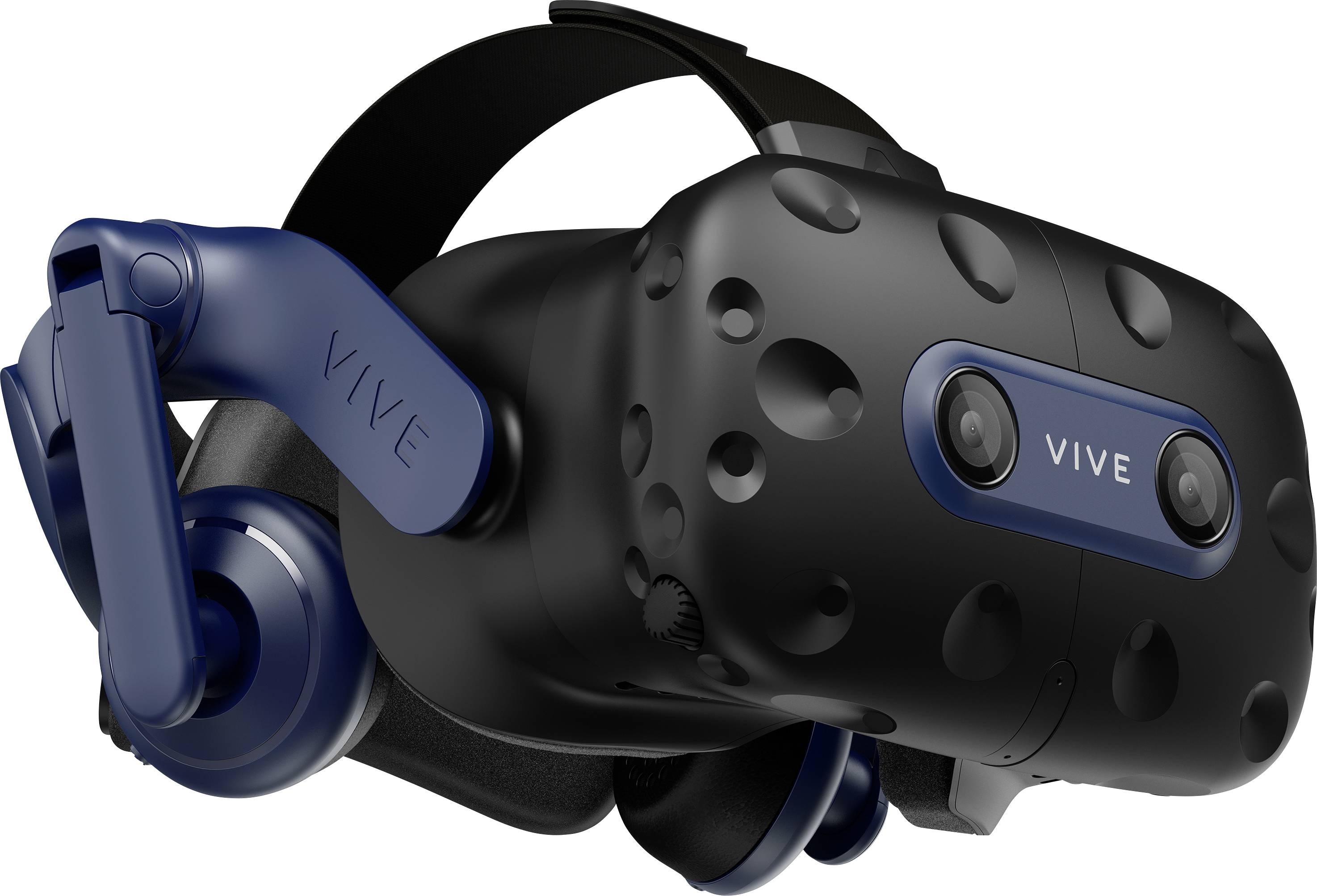 A virtual reality headset in black with blue details, two lenses at the front and the 'VIVE' branding. Designed for immersive gaming.