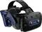 VR headset with two front cameras, padded headband and VIVE logo. Designed for virtual reality experiences.