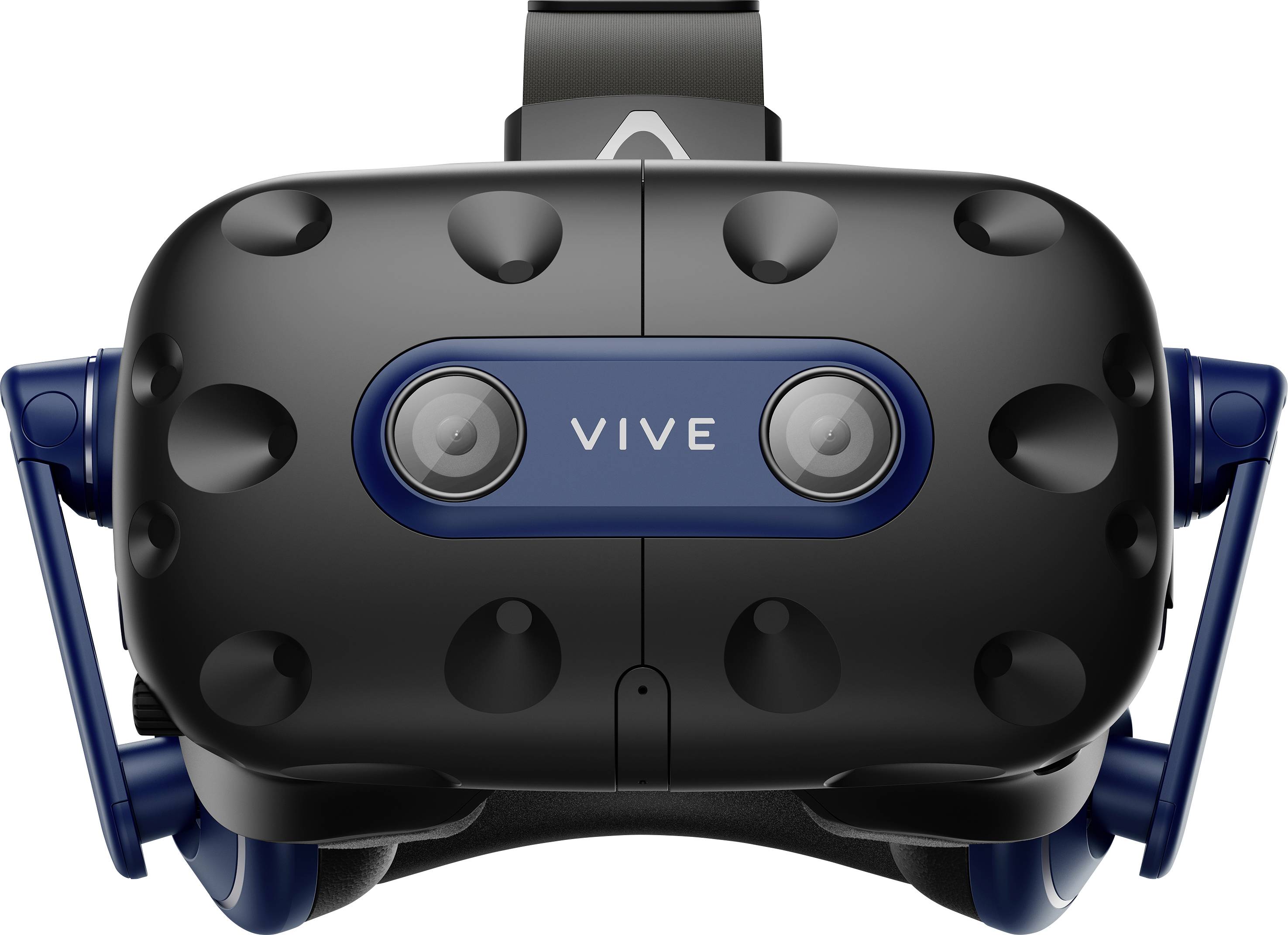 VR headset with two cameras and 'VIVE' printed on the front. Primarily black, with blue accents and a padded headband.