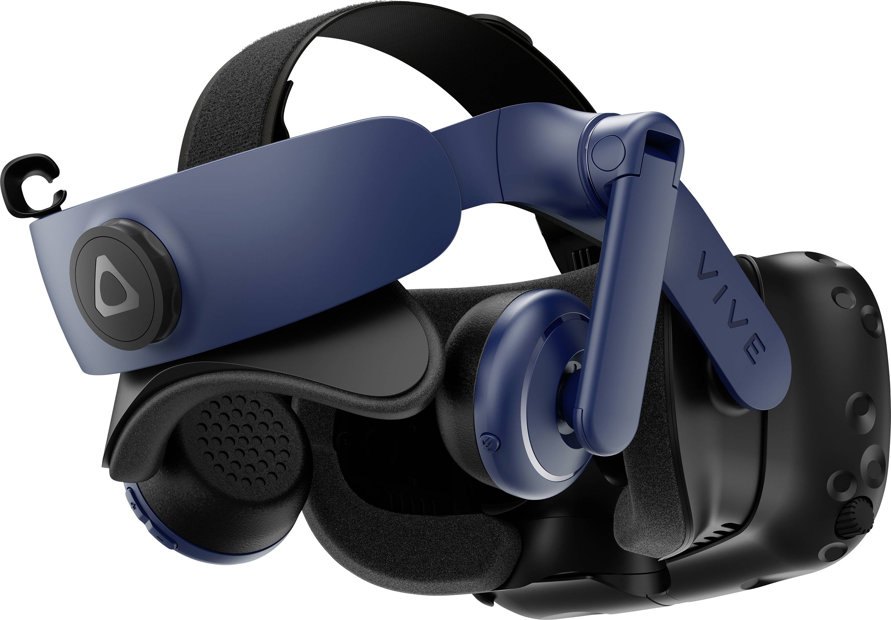 A VR headset with a dark design and blue accents. It features adjustable head straps and integrated headphones.