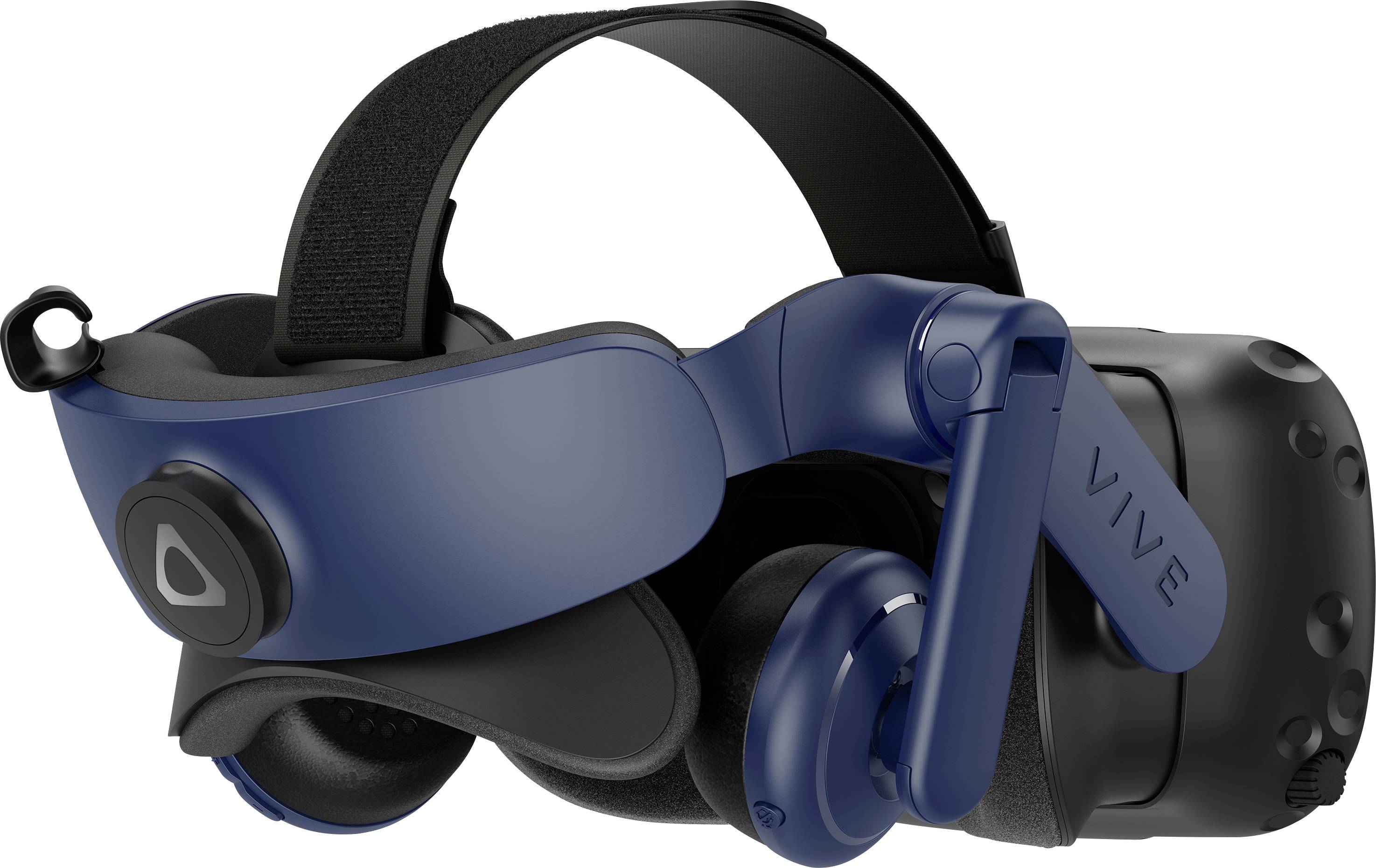 Virtual reality headset in blue and black with adjustable headband, padded ear cups, and cable connection on the right.