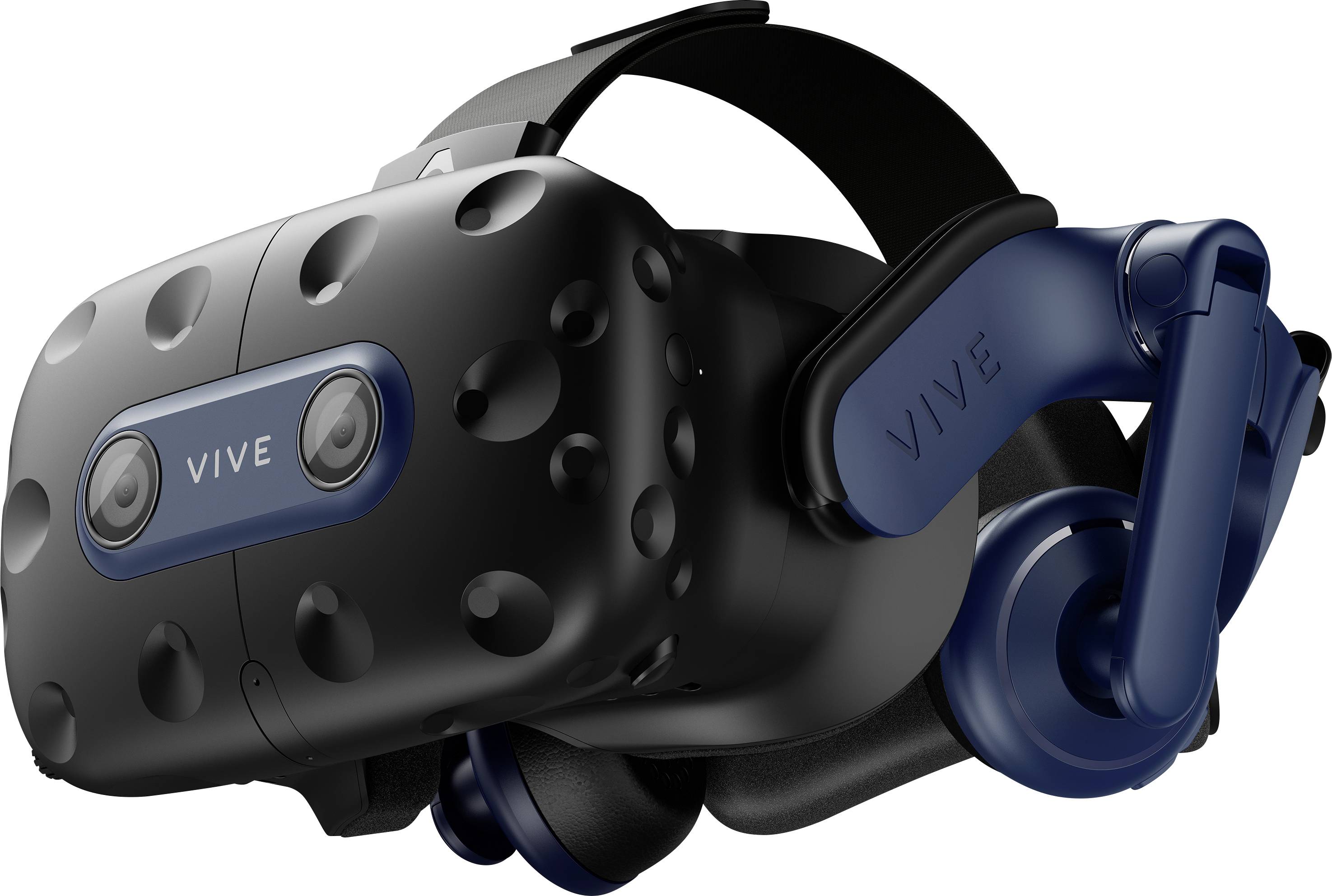 Virtual reality headset with two front-facing cameras and adjustable head straps.