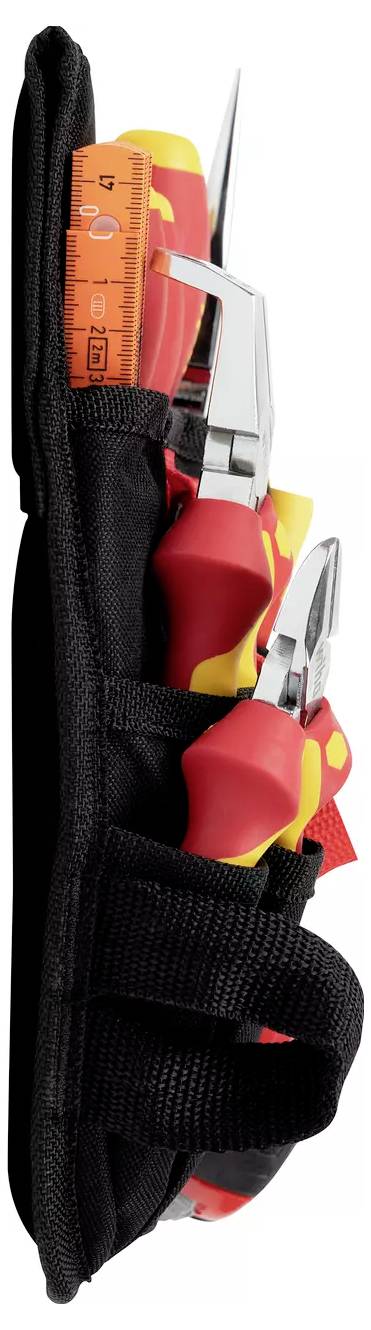 A set of insulated hand tools including a ruler, flat-head screwdriver, and pliers in a black tool holder, designed for electrical work.