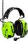 Green hearing protection headphones with integrated microphone and antenna, suitable for loud environments or communication in noisy areas.
