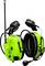 'Neon green ear defenders with integrated radio and microphone by 3M, brand logo visible.'