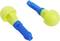 Two yellow and blue earplugs, symmetrically arranged, with a blue inscription 'EAR' on one of the plugs.
