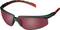 Protective sunglasses with dark lenses and a red frame; designed for outdoor activities.