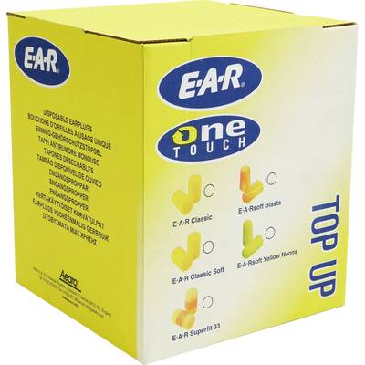 Yellow box with 'E-A-R' written in blue. Contains various types of ear plugs. 'One Touch' removal system.