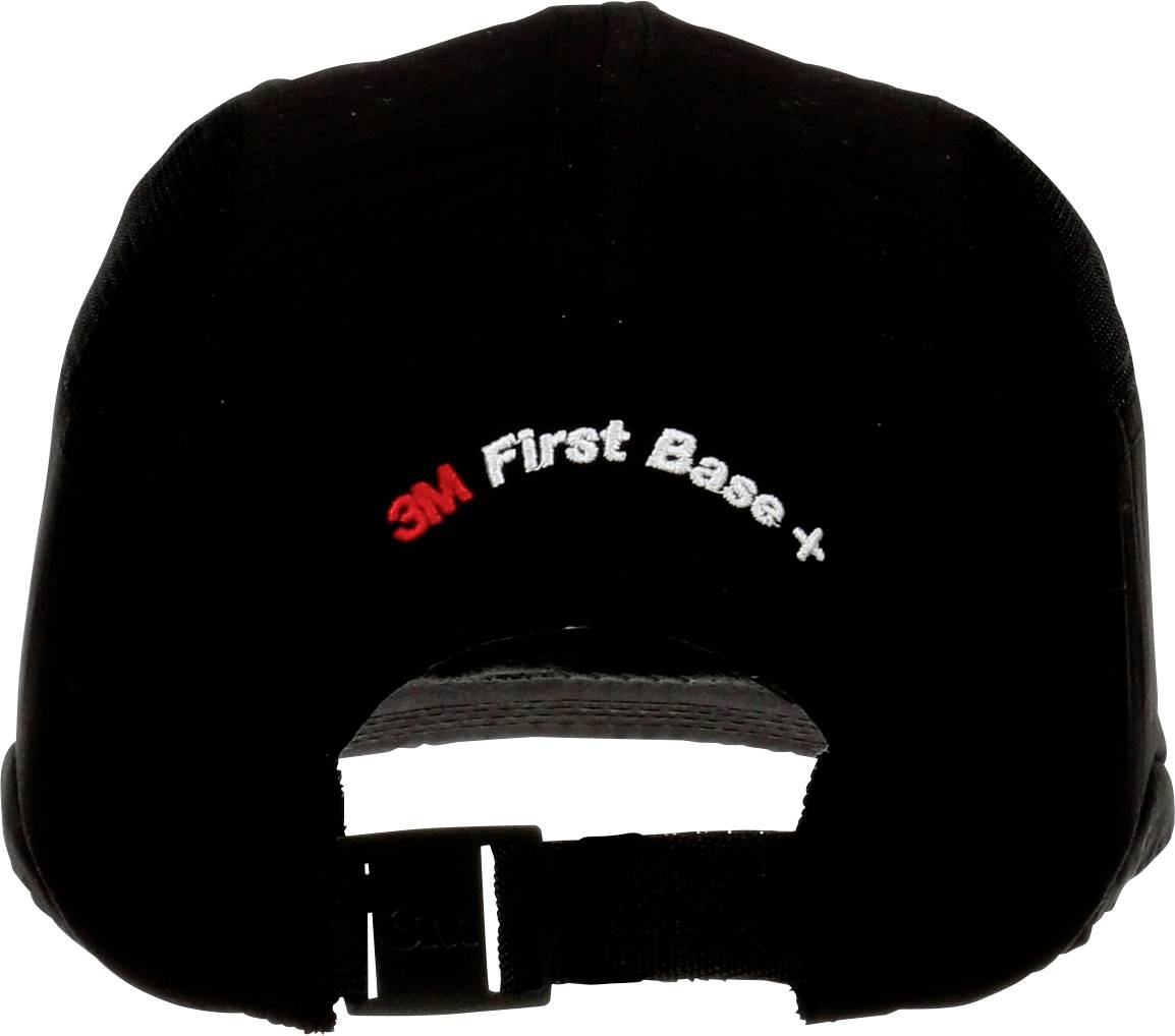Black cap with '3M First Base +' printed on the back, showing adjustable fastening.