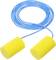 Yellow foam earplugs connected by a blue cord. They are used for hearing protection in noisy environments.
