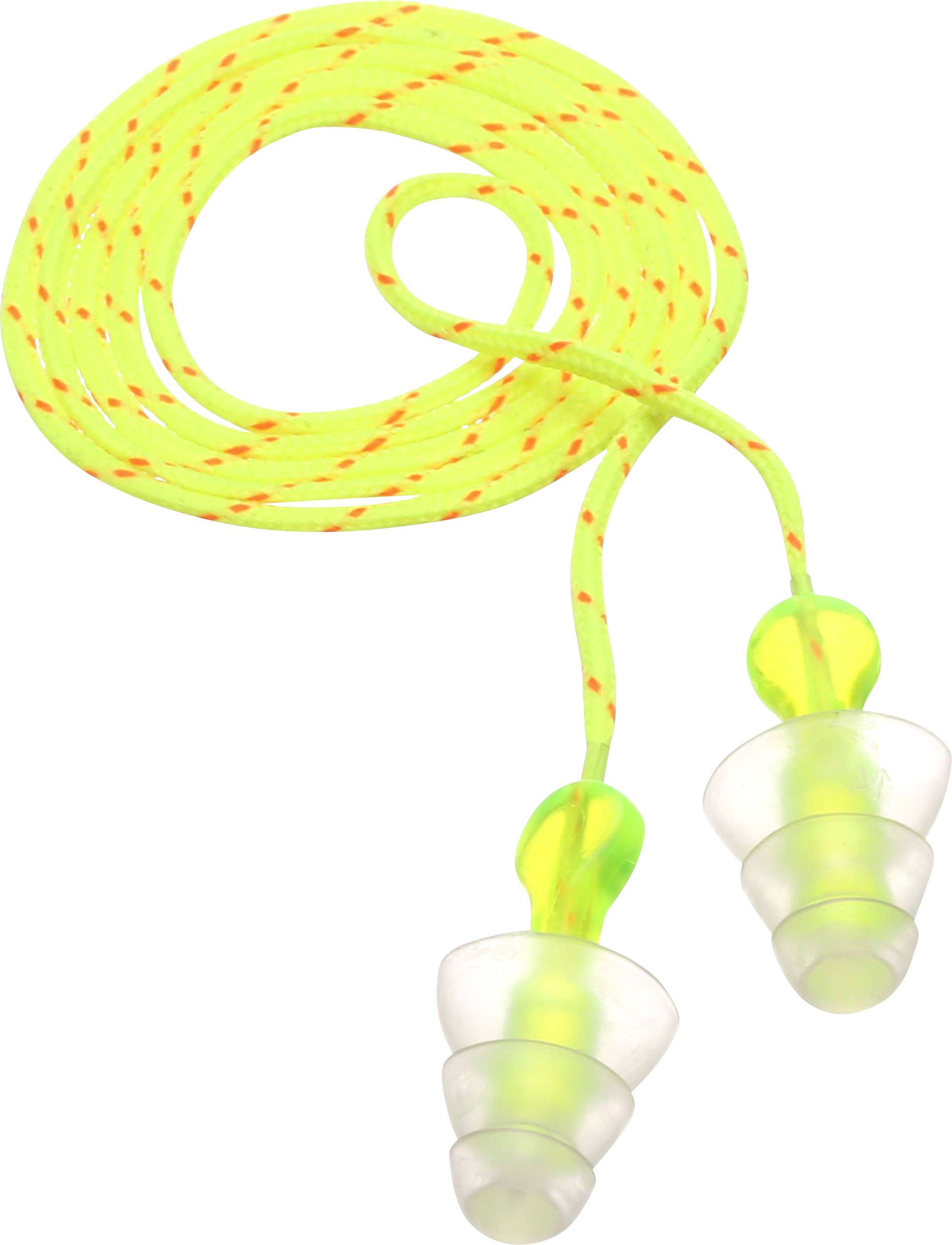 Yellow pair of plastic earplugs with neon band for noise reduction.