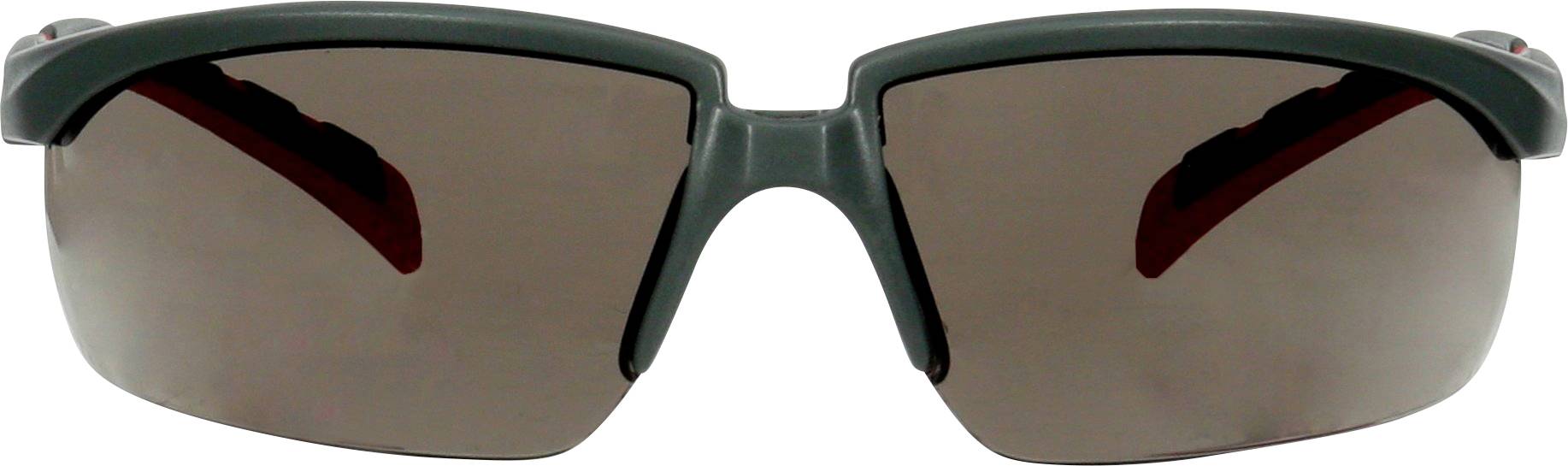 A pair of sunglasses with dark-tinted lenses and a black frame, shown from the front.