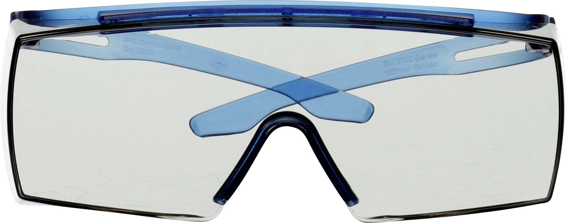 Safety glasses with blue arms and transparent lenses, providing eye protection for work or laboratory activities.