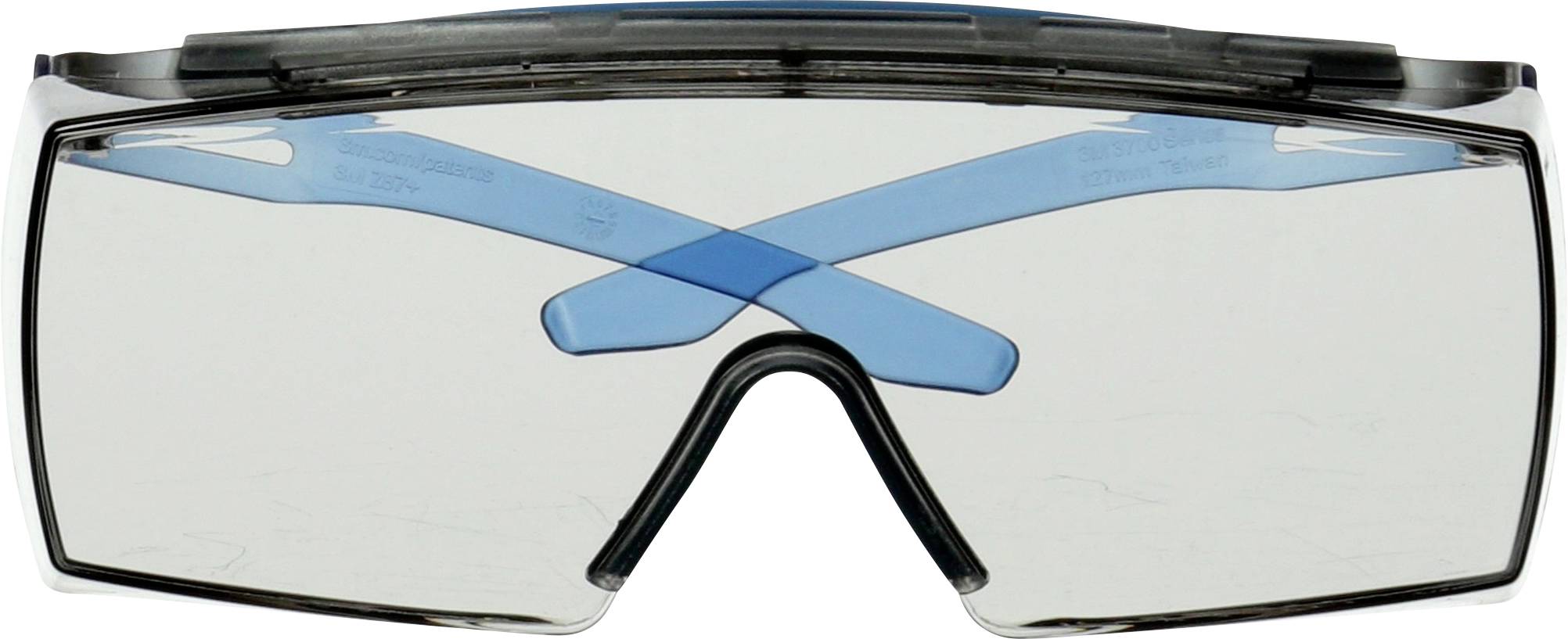 Safety glasses with transparent plastic lenses and a blue frame; used to protect the eyes during manual craft work.