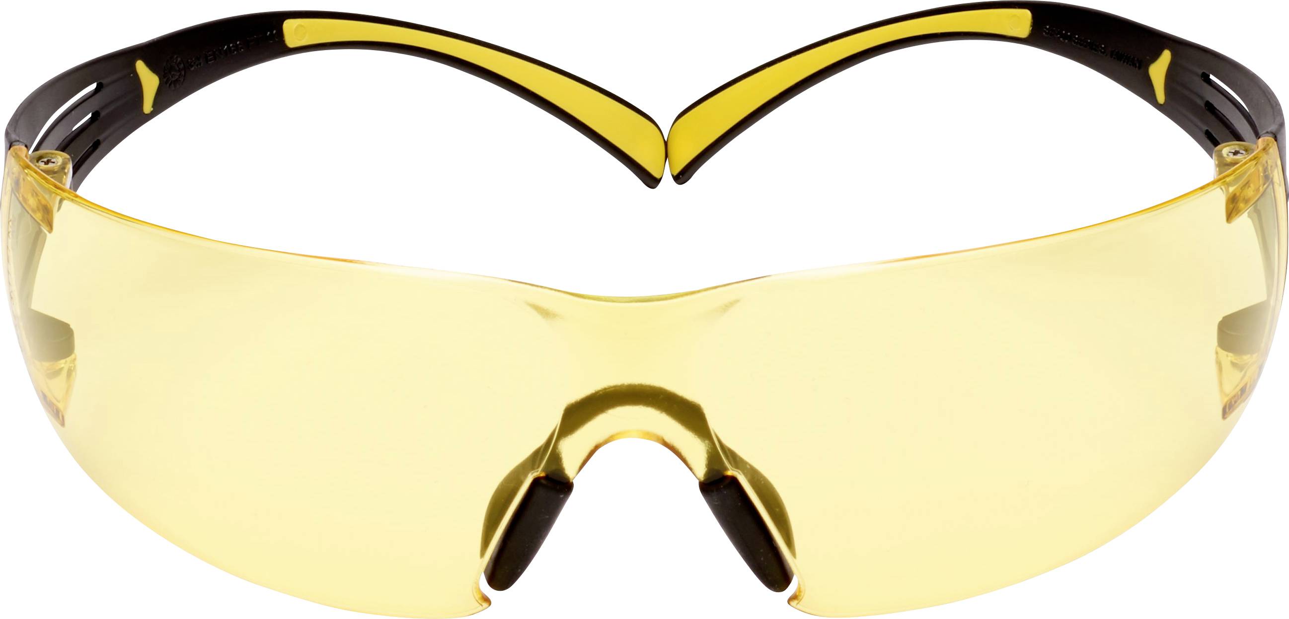 Yellow safety glasses with slightly curved black arms. They are transparent and provide eye and face protection.