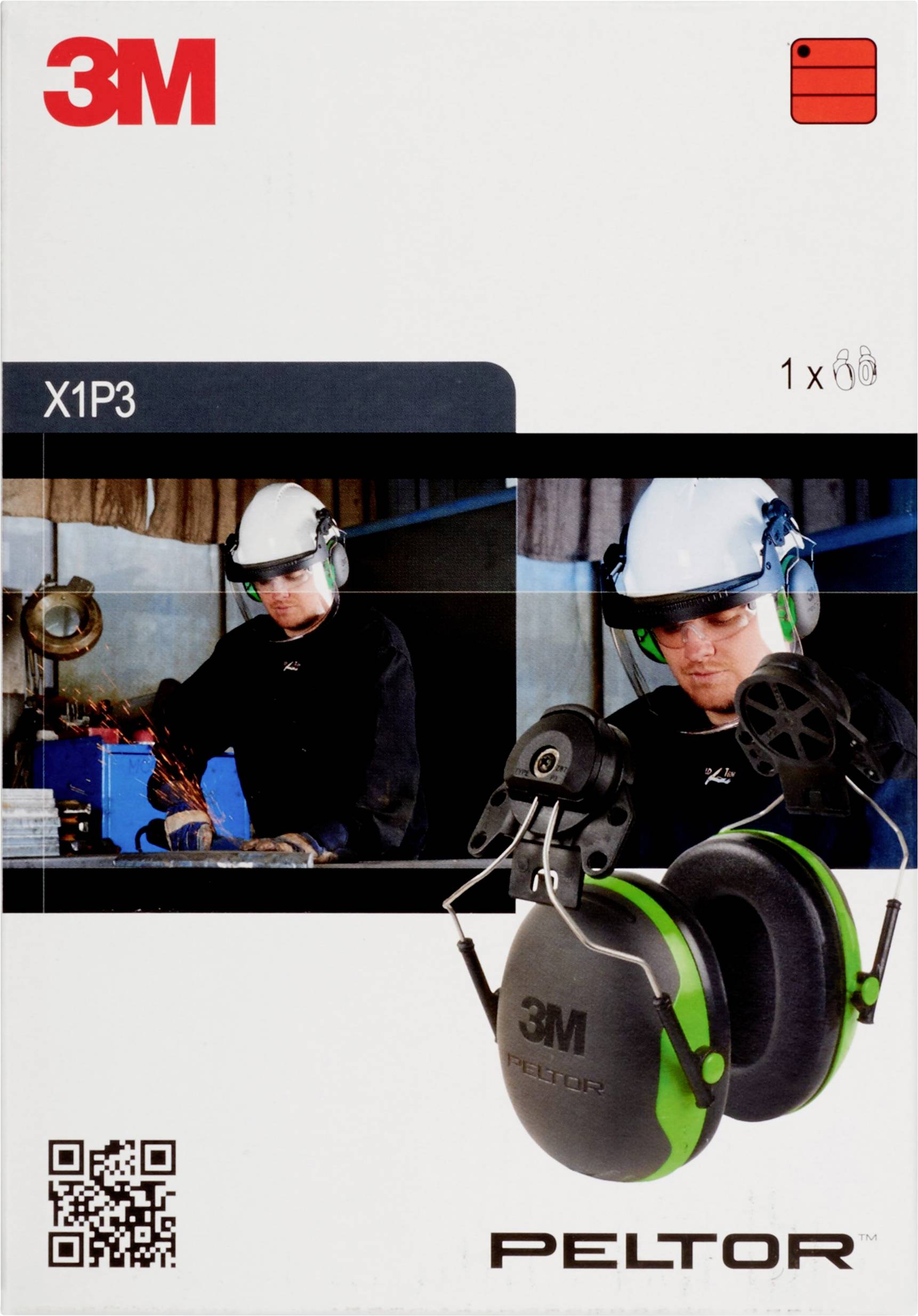 '3M Peltor' Ear Defenders X1P3, suitable for noise protection in loud environments. Image of a worker wearing a hard hat and ear protection.