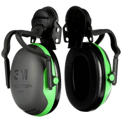 Black and green capsule ear defenders, brand '3M Peltor', for noise protection. Showing front and back with padded ear cups.