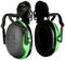 Black and green capsule ear defenders, brand '3M Peltor', for noise protection. Showing front and back with padded ear cups.