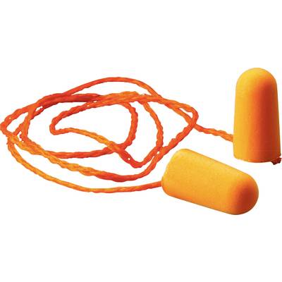 Orange ear plugs with connecting cord, used for noise protection. Ideal for workplaces, loud events, or travelling.