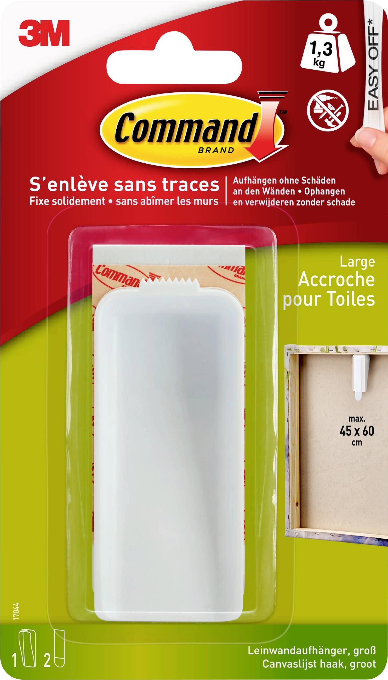 Packaging for a Command hanging hook, 1.3 kg load capacity, suitable for large canvases, does not damage walls, max. 45 x 60 cm.