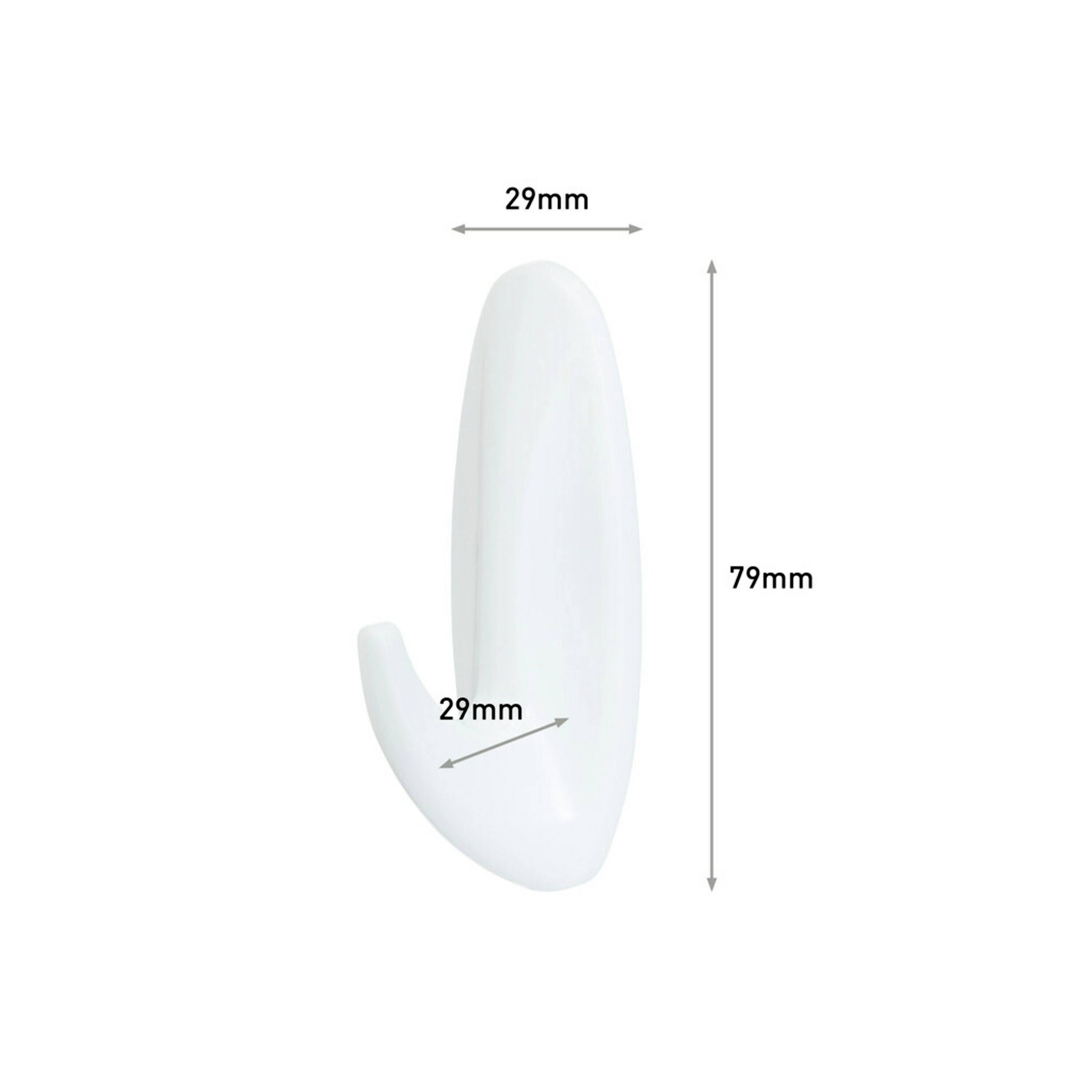 White plastic wall hook with dimensions: Height 79 mm, Width 29 mm. Suitable for hanging light objects.