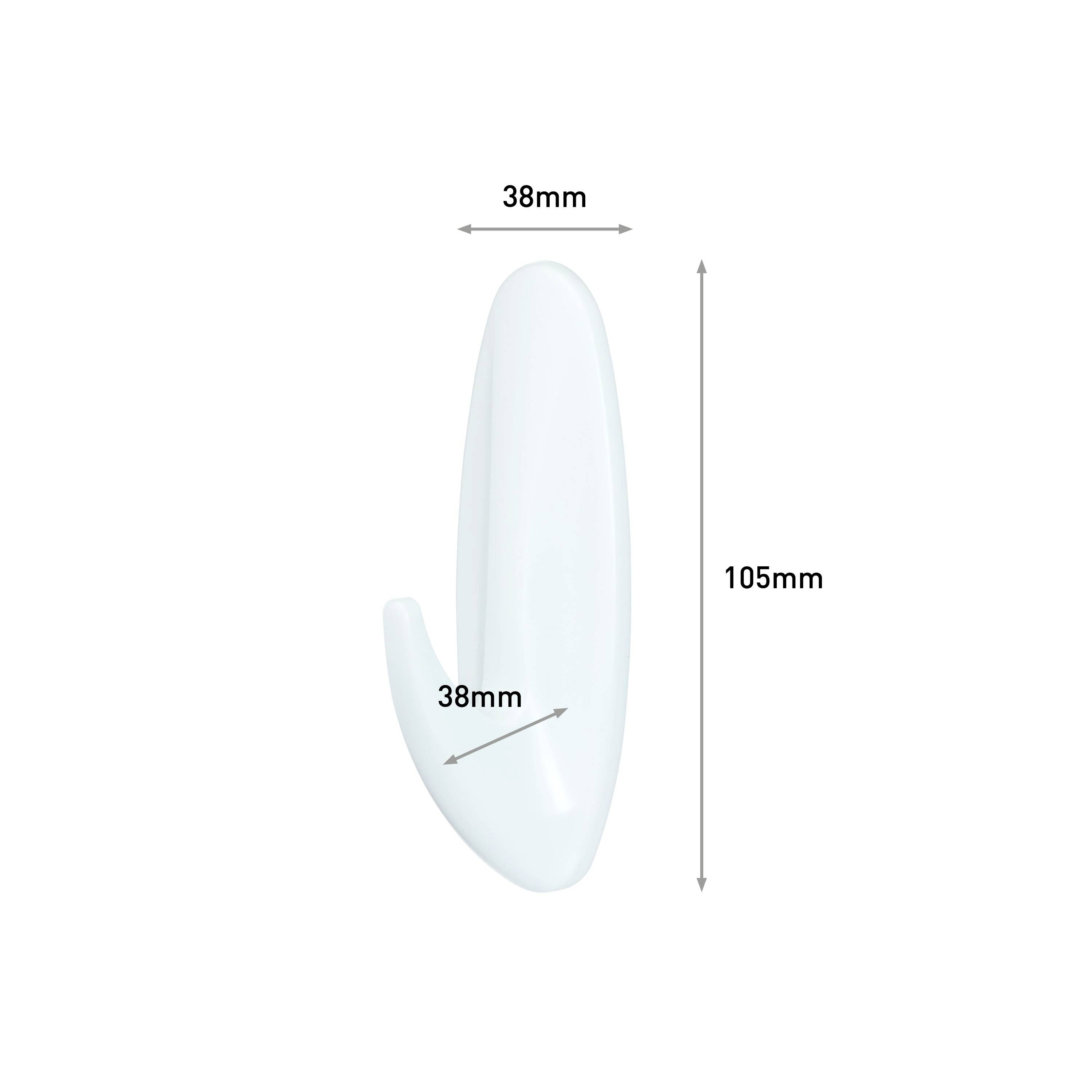 A white, smooth hook with dimensions: 38 mm width and 105 mm height, with arrows indicating the dimensions beside it.