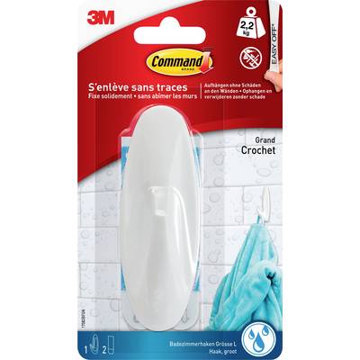 Packaging of a large, white Command bathroom hook with application instructions on the front, suitable for 2.2 kg load.