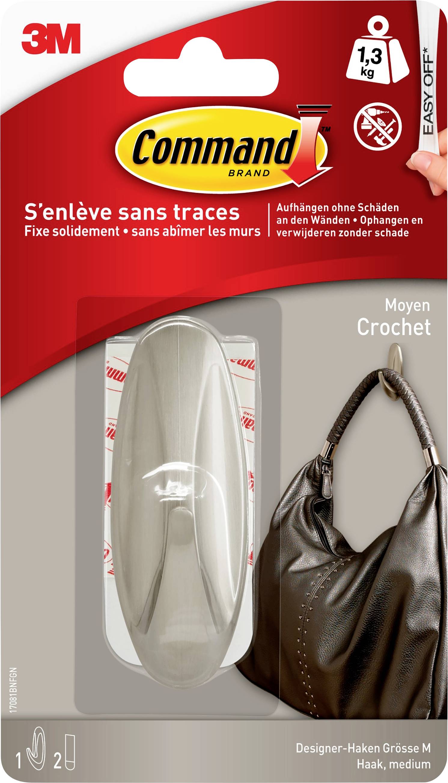 'Command Designer Hook, medium, up to 1.3 kg load capacity. Simple to attach and remove without leaving marks. Suitable for bags.'