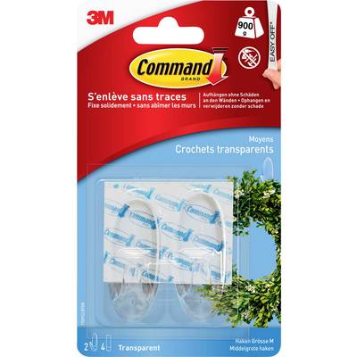 Packaging for Command Brand transparent hooks with up to 900g weight capacity. Two medium-sized hooks, removable without leaving residue.
