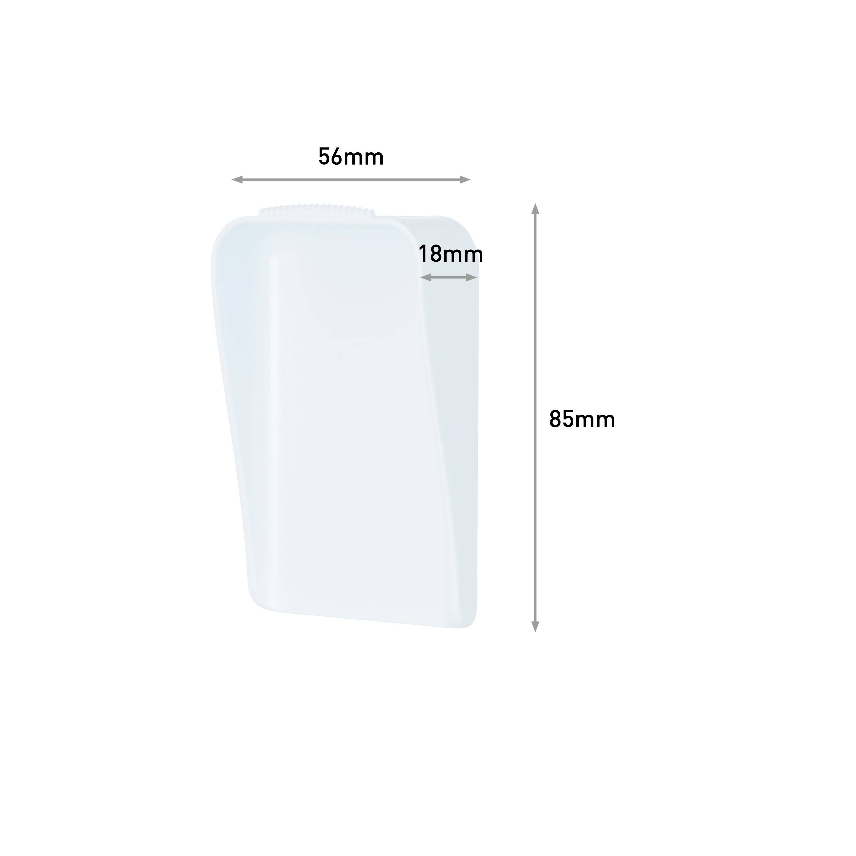 White plastic enclosure measuring 56 mm wide, 85 mm high and 18 mm deep.