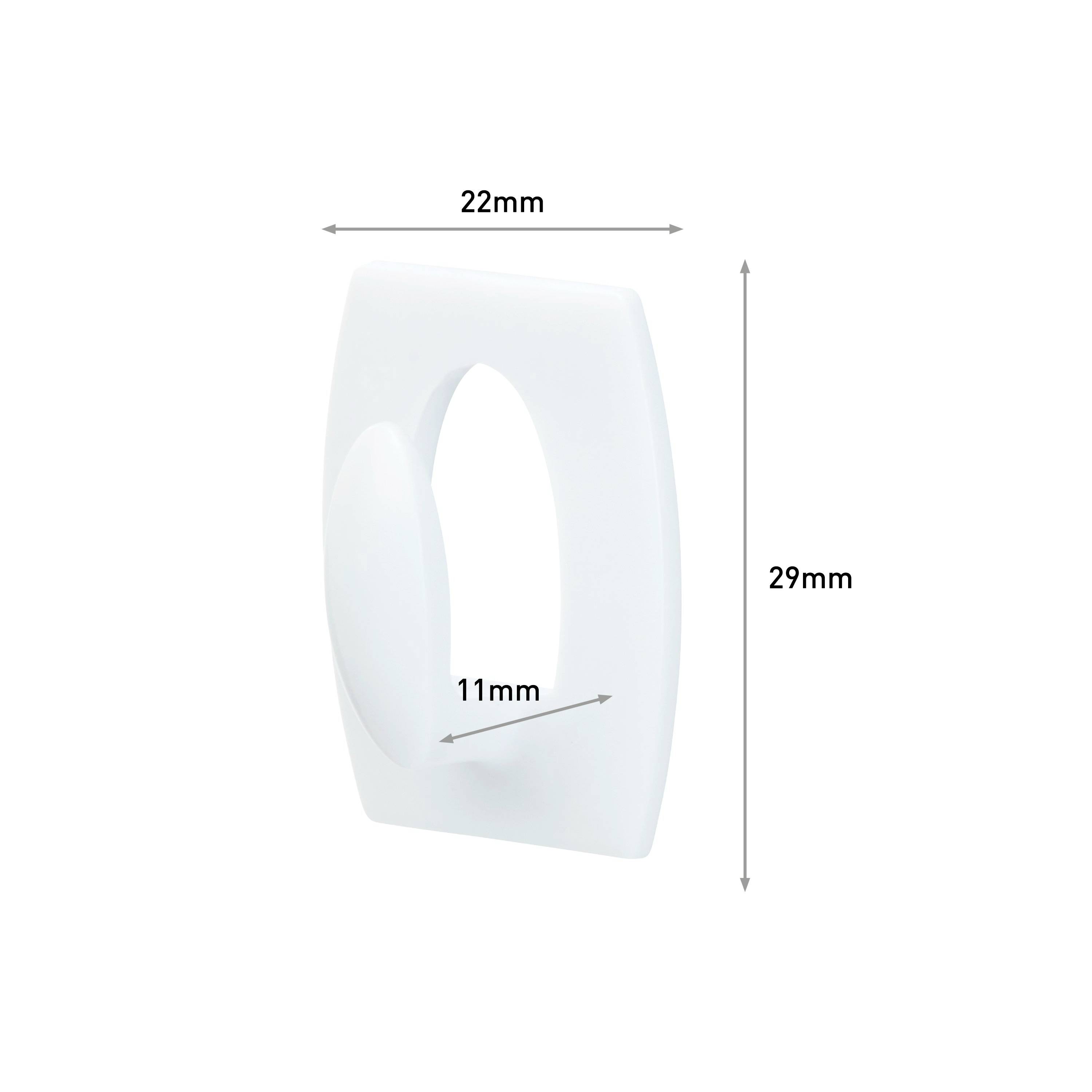 Oval plastic clip with dimensions 22 mm x 29 mm x 11 mm.