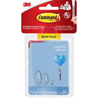 Packaging of "Command" Adhesive Strips, clear, Multi-Pack, holds up to 3.6 kg, easy removal without residue.