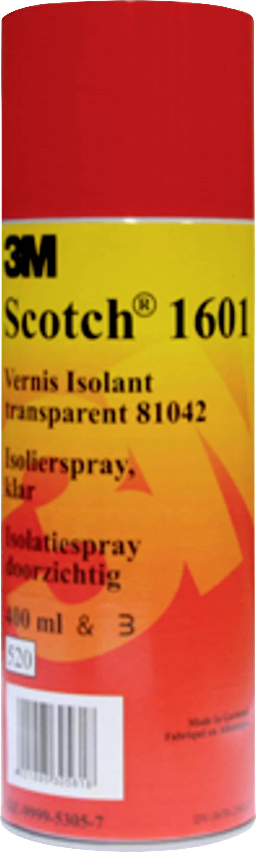 A red spray can with the label '3M Scotch 1601'. The product is a transparent insulating spray with 400 ml contents.