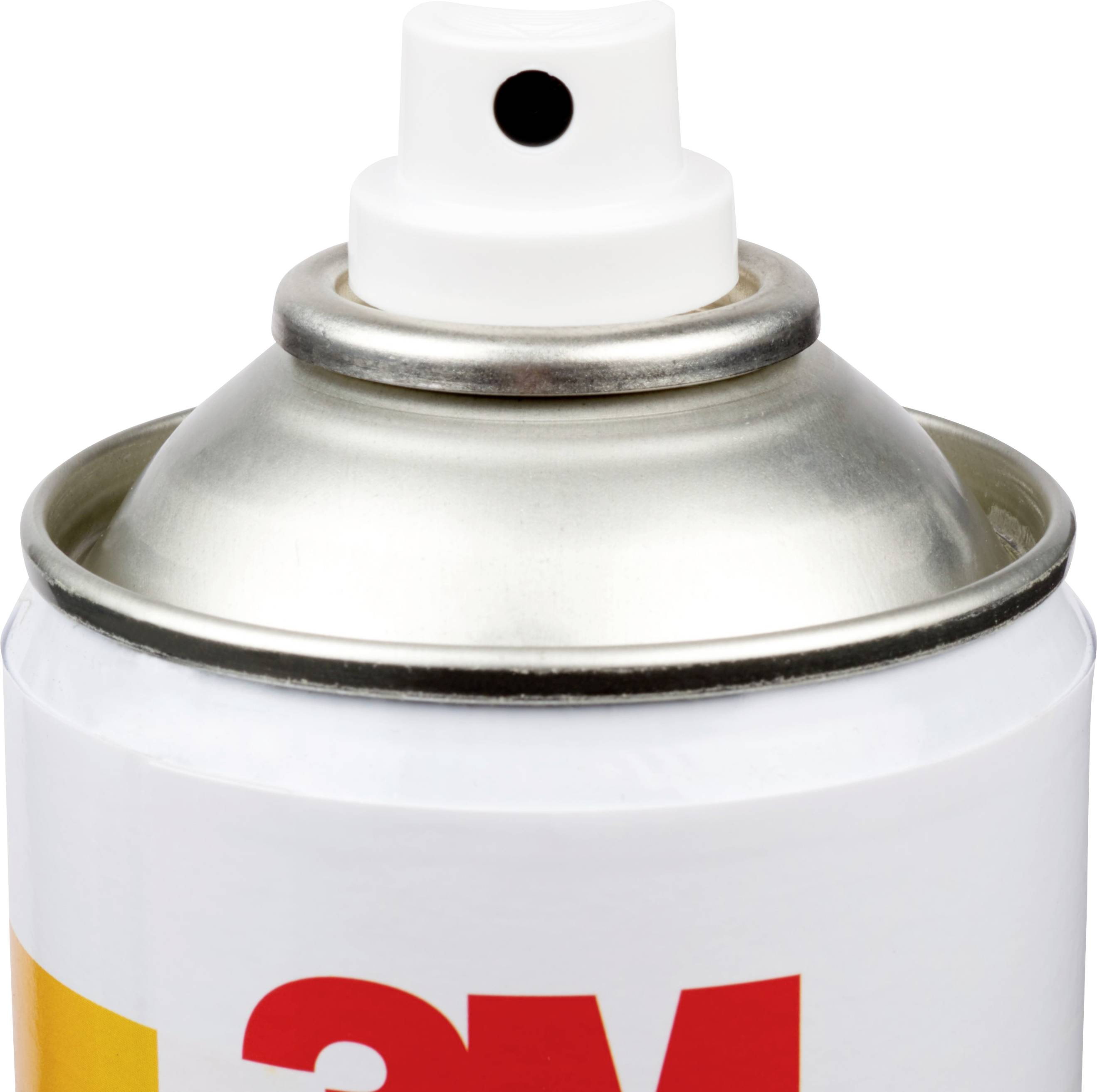 A metal spray can with a white spray nozzle, partially visible.