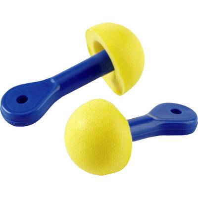 Two yellow and blue plastic baby dumbbells, which are safe and soft toys for toddlers, on a white background.