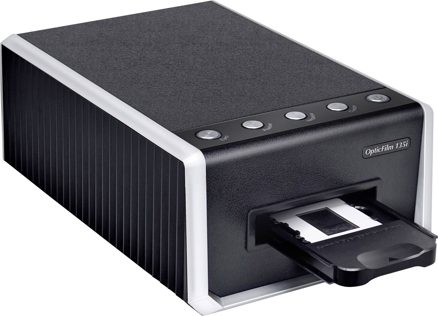 A film scanner with a slide film inserted. A device for digitising film material, identifiable by its feed mechanism and control buttons.