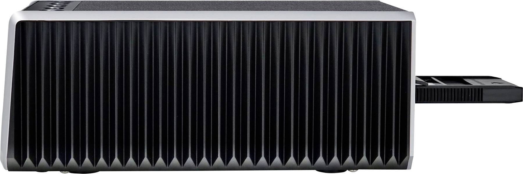 A compact, black computer mini PC with a ribbed chassis and a USB stick plugged in on the right-hand side.