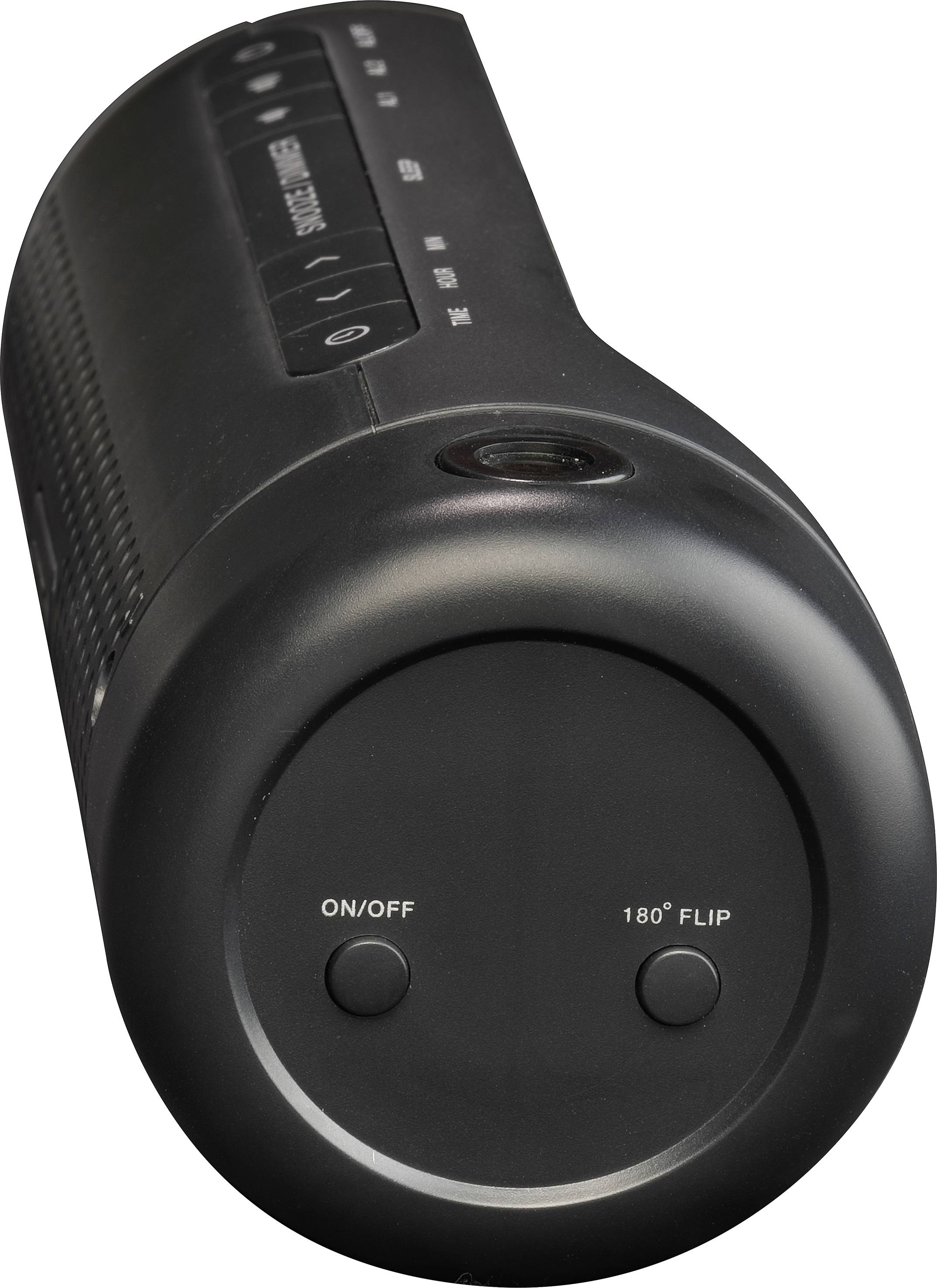 Black, cylindrical speaker with a button for 'On/Off' and '180° Flip' on the side.