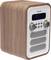 Vintage wooden radio with a silver front panel, multiple buttons, and a small display on the front.