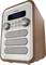 A retro radio with a wooden cabinet and silver front displays a digital screen and control knobs for volume and station selection.