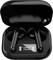 Wireless black earbuds in an open charging case with a digital display showing the battery level for the left and right earbuds.