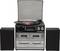 Compact stereo system with record player, cassette decks and speakers; demonstrates the connection between analogue and digital technology.