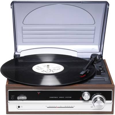 A record player in a retro style with a vinyl record placed on the turntable, with the dust cover open. Controls and indicators are located on the left side.