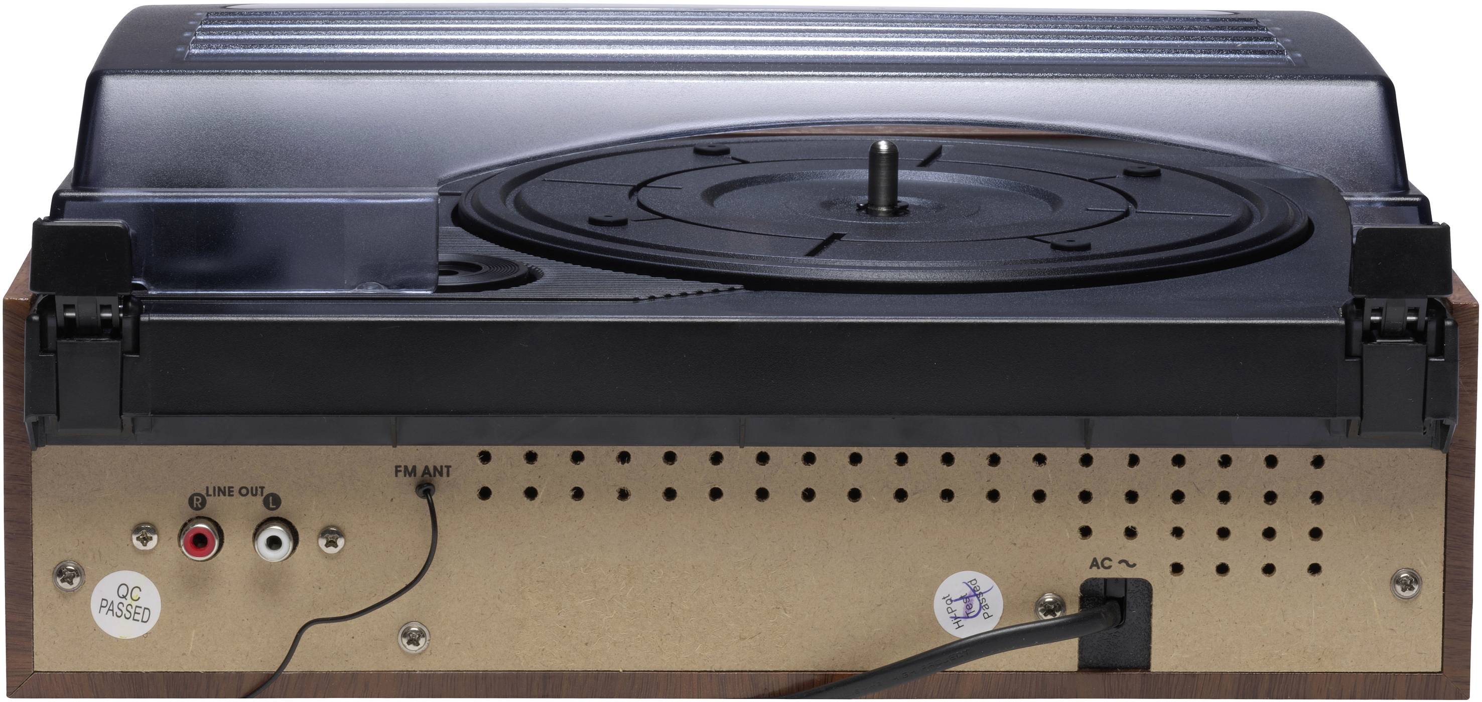 Turntable back panel with audio connections and power cable; top side shows the platter.